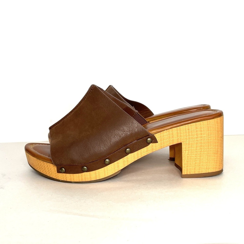 MIA Brown Studded Faux Leather‎ Wood Platform Block Heel Slide Sandals Mules